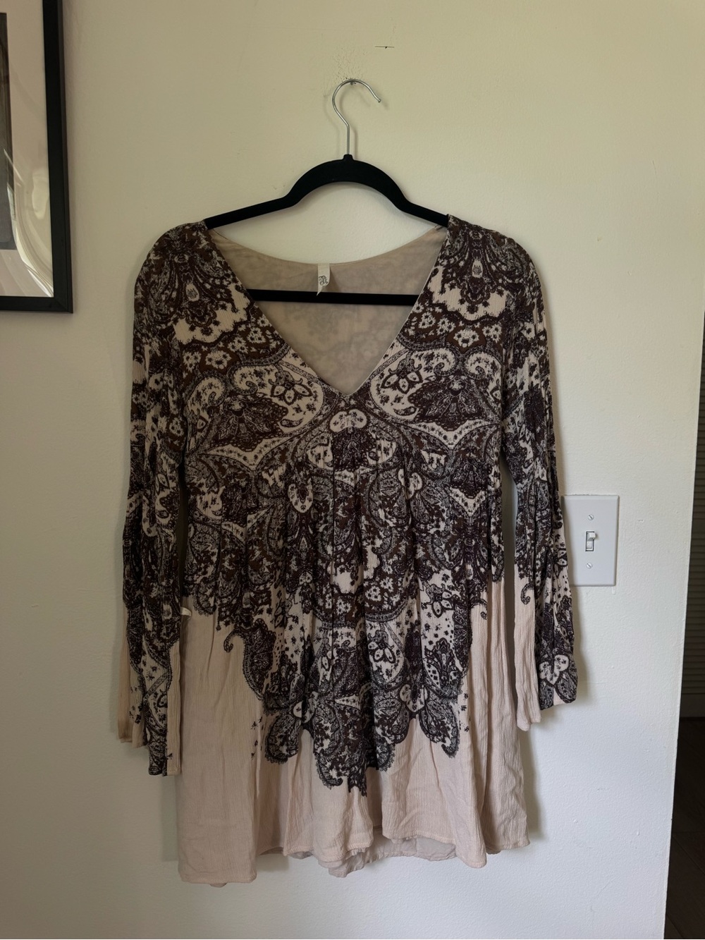 Free People Beige and Brown Paisley V-Neck Tunic Top